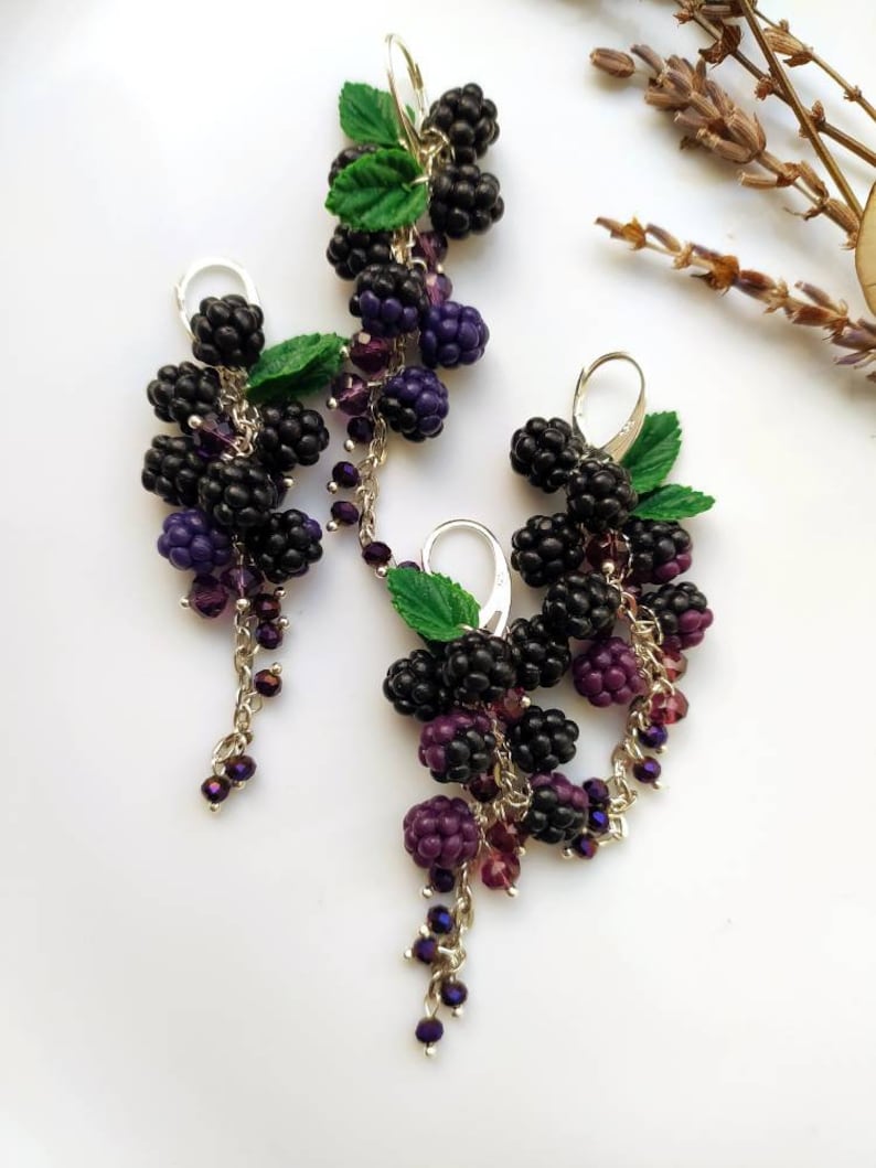 Berry statement earrings with blackberries Botanical Handcrafted clay jewelry Garden miniature nature earrings Realistic berry earrings image 5