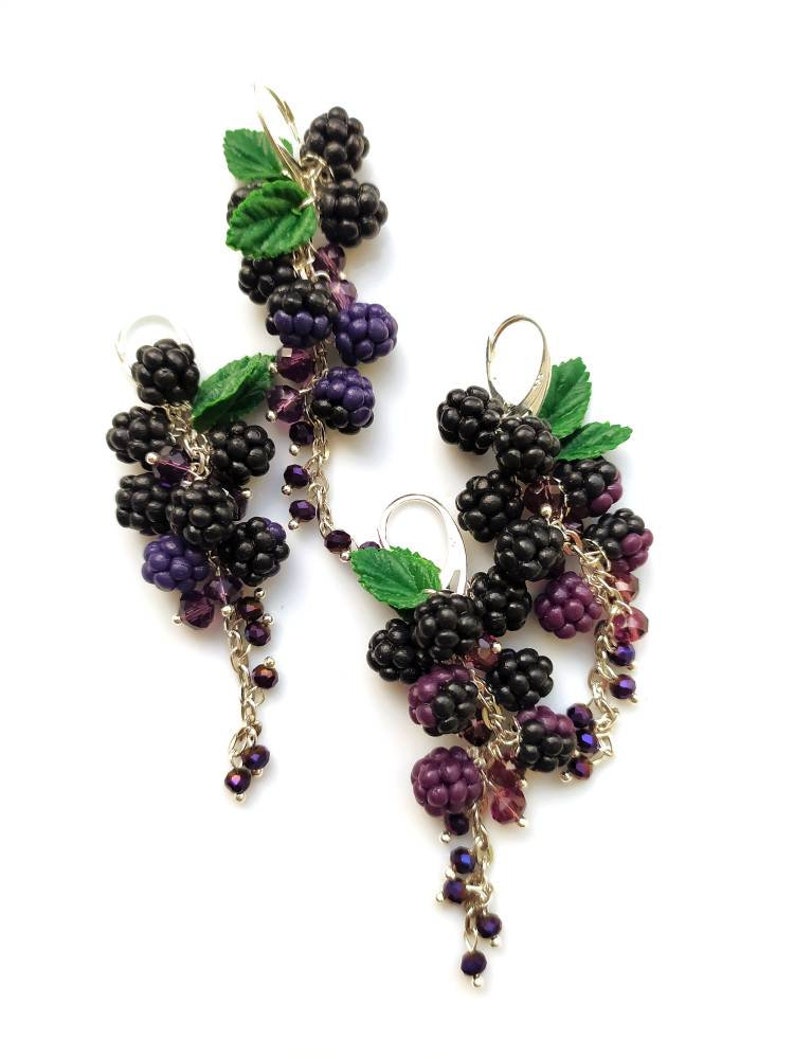 Berry statement earrings with blackberries Botanical Handcrafted clay jewelry Garden miniature nature earrings Realistic berry earrings image 4
