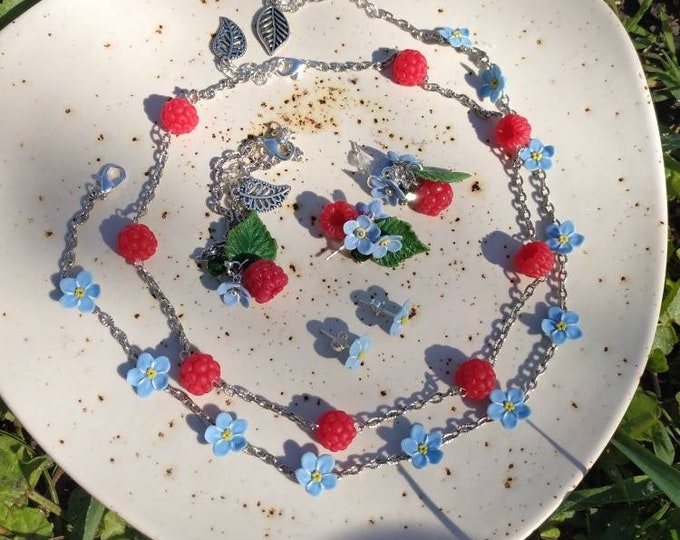 Featured listing image: Raspberry Forget-Me-Not Jewelry Set: Polymer Clay Necklace, Earrings