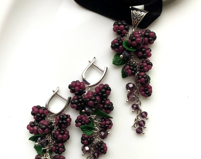 Featured listing image: Berry statement velvet choker with blackberry Botanical Handcrafted clay jewelry Garden miniature berries necklace Realistic berry Pendant