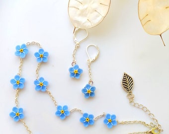 Forget-Me-Not Necklace, Polymer Clay Floral Choker & Earrings Set