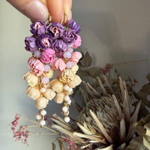 Peony Chandelier Earrings, Sunset Color Clay Flower Jewelry