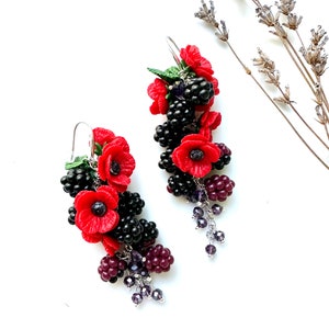 Long silver earrings with Red Poppy and blackberry Botanical Handcrafted clay jewelry Garden miniature nature earrings Realistic red Poppies