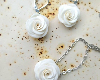 White Rose Jewelry Set: Miniature Polymer Clay Flower Earrings and Necklace