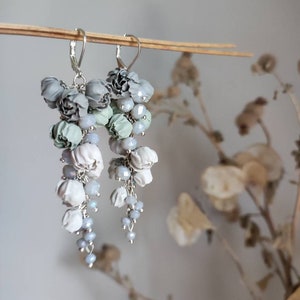 Ombre grey peony flower earrings Long chandelier silver earrings Realistic botanical handcrafted clay jewelry Gradient earrings with flowers