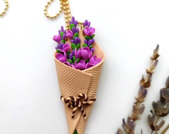 Miniature Lavender Bouquet Necklace - Handmade Polymer Clay Floral Pendant