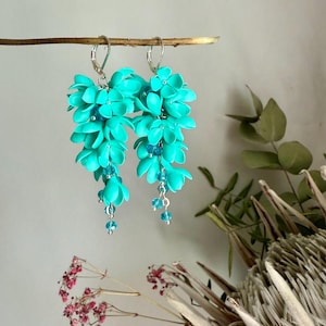 Lilac statement earrings mint colour spring flowers Realistic floral jewelry Chandelier lilac earrings Long silver earring