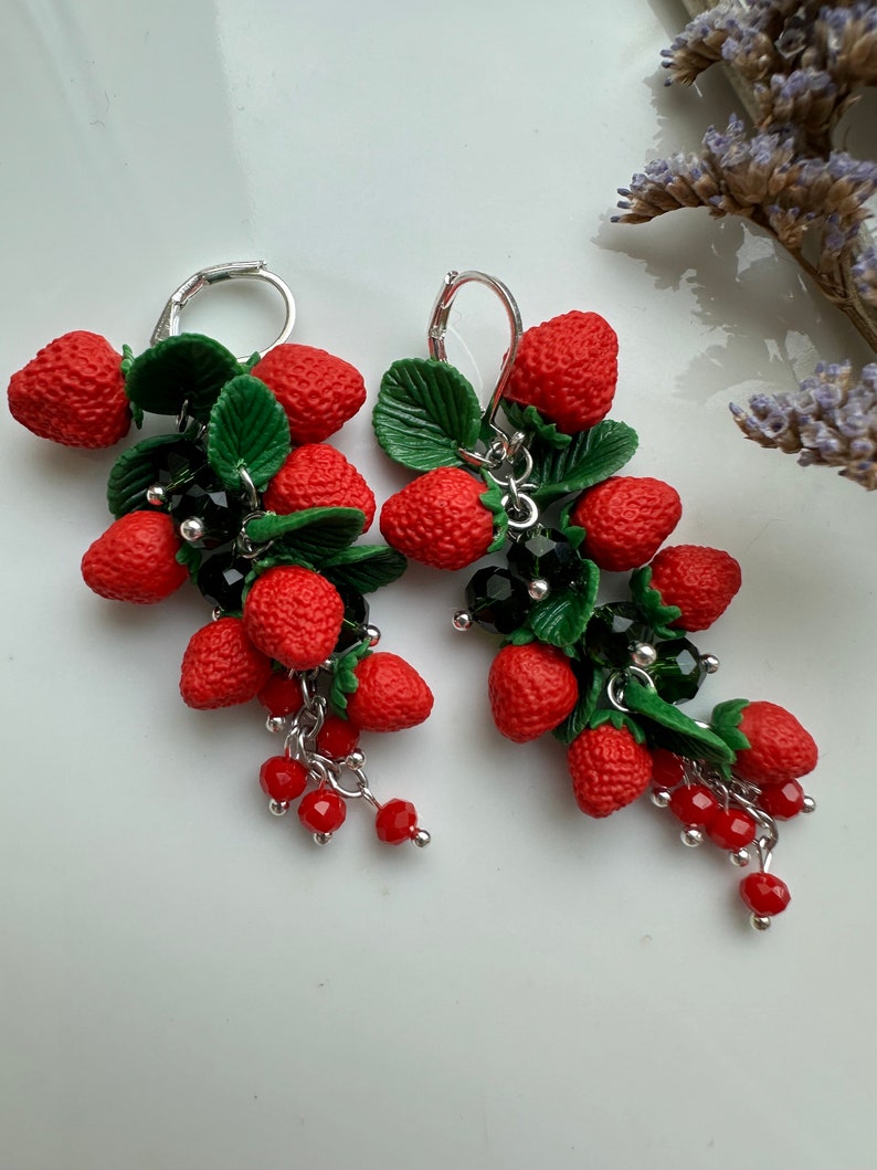 Strawberry earrings Realistic botanical Handcrafted clay jewelry Wild berry earrings Nature lovers jewelry Garden miniature image 10