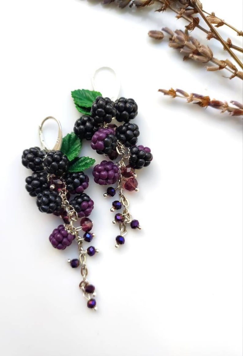 Berry statement earrings with blackberries Botanical Handcrafted clay jewelry Garden miniature nature earrings Realistic berry earrings image 3