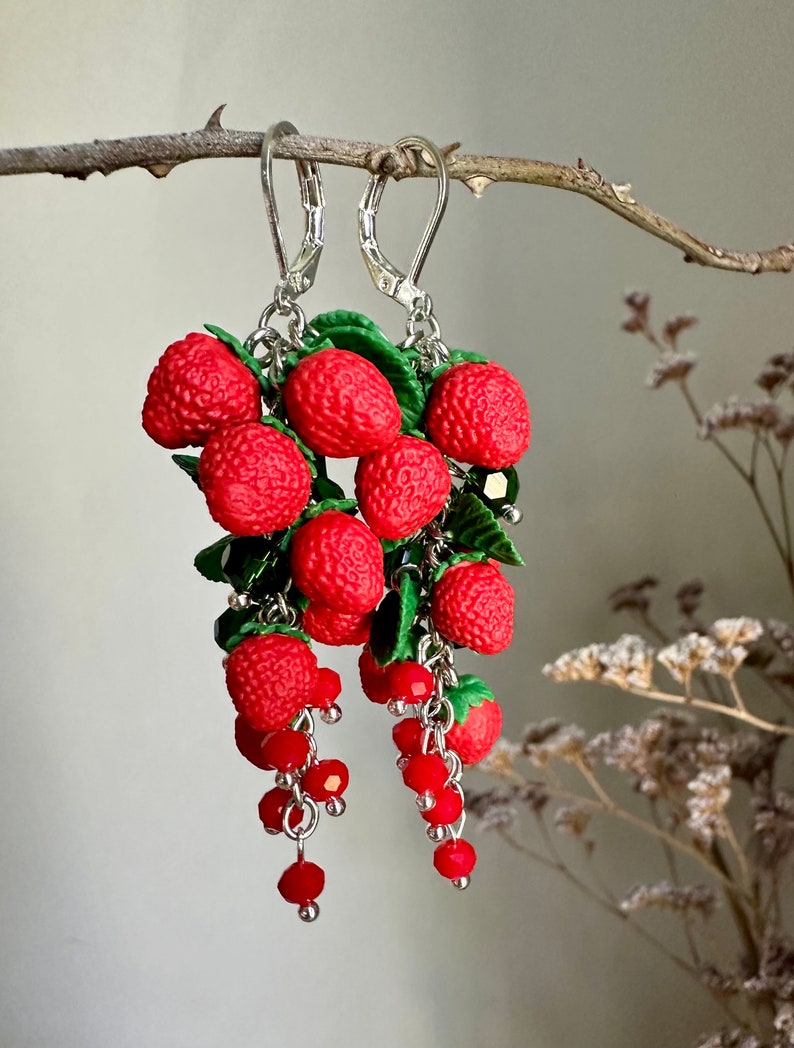 Strawberry earrings Realistic botanical Handcrafted clay jewelry Wild berry earrings Nature lovers jewelry Garden miniature image 6