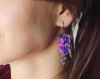Lilac Floral Dangle Earrings, Polymer Clay Botanical Jewelry , Spring earrings