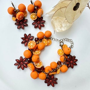 Orange clay set Earrings and Braslet Citrus jewelry Clay fruit Miniature fruits Autumn earrings  Christmas gift Winter holidays president