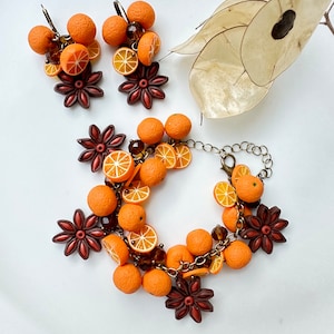 Orange clay set Earrings and Braslet Citrus jewelry Clay fruit Miniature fruits Autumn earrings  Christmas gift Winter holidays president