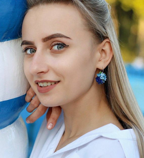 Blue rose and lilac Earrings Realistic botanical handcrafted clay jewelry  Wild flower Cute floral jewelry Nature earrings Romantic jewelry