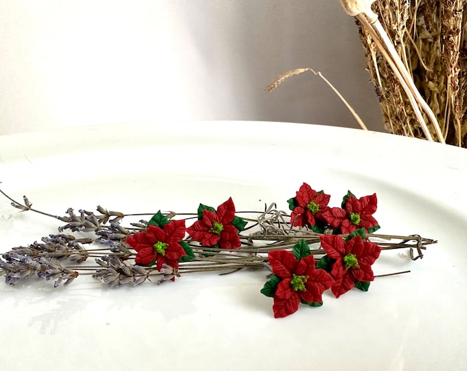 Featured listing image: Christmas flower stud DarkRed poinsettia earrings Xmas red floral gift Holiday jewelry Present for girl Christmas Star