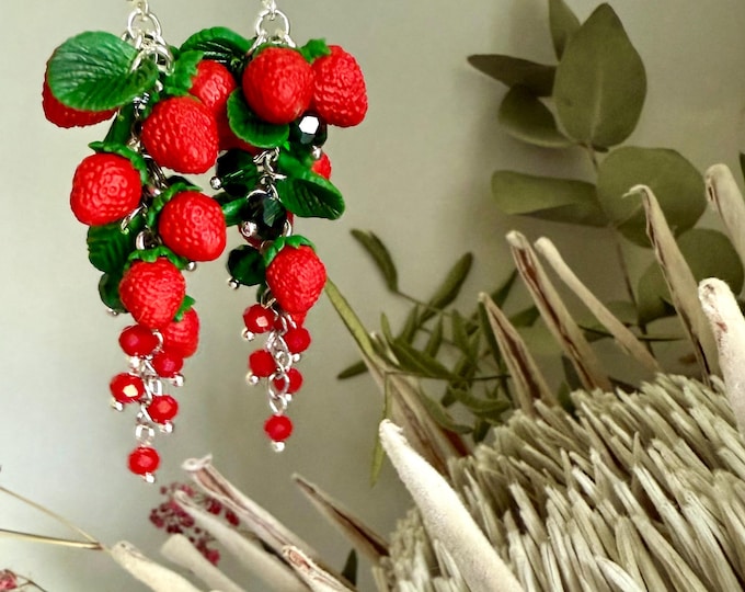Featured listing image: Handcrafted Polymer Clay Strawberry Earrings, Botanical Jewelry