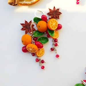 Orange clay earrings Anis star jewelry Miniature granatfruit earrings Vegan jewelry Christmas gift Winter holidays present Botanic miniature