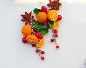 Orange clay earrings Anis star jewelry Miniature granatfruit earrings Vegan jewelry Christmas gift Winter holidays present Botanic miniature