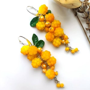 Yellow Berry statement earrings Cloudberry Botanical Handcrafted clay jewelry Garden miniature nature earrings Realistic Honeyberry earrings
