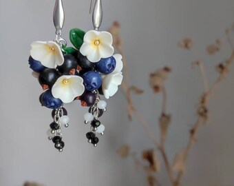 Handcrafted Polymer Clay Earrings: White Flowers, Currant, Blueberries