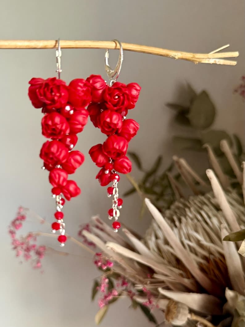Red Peony Polymer Clay Dangle Earrings, Floral Jewelry image 1