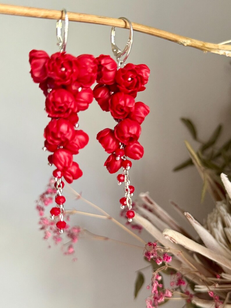 Red Peony Polymer Clay Dangle Earrings, Floral Jewelry image 3