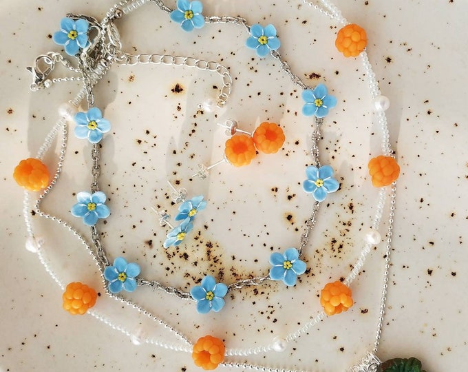 Featured listing image: Summer pearls jewelry Beaded choker necklace with forget me and berries Summer trends Mother Day gift Set of three necklace and two earrings