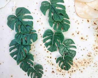 Long Polymer Clay Monstera Earrings, Tropical Leaf Jewelry