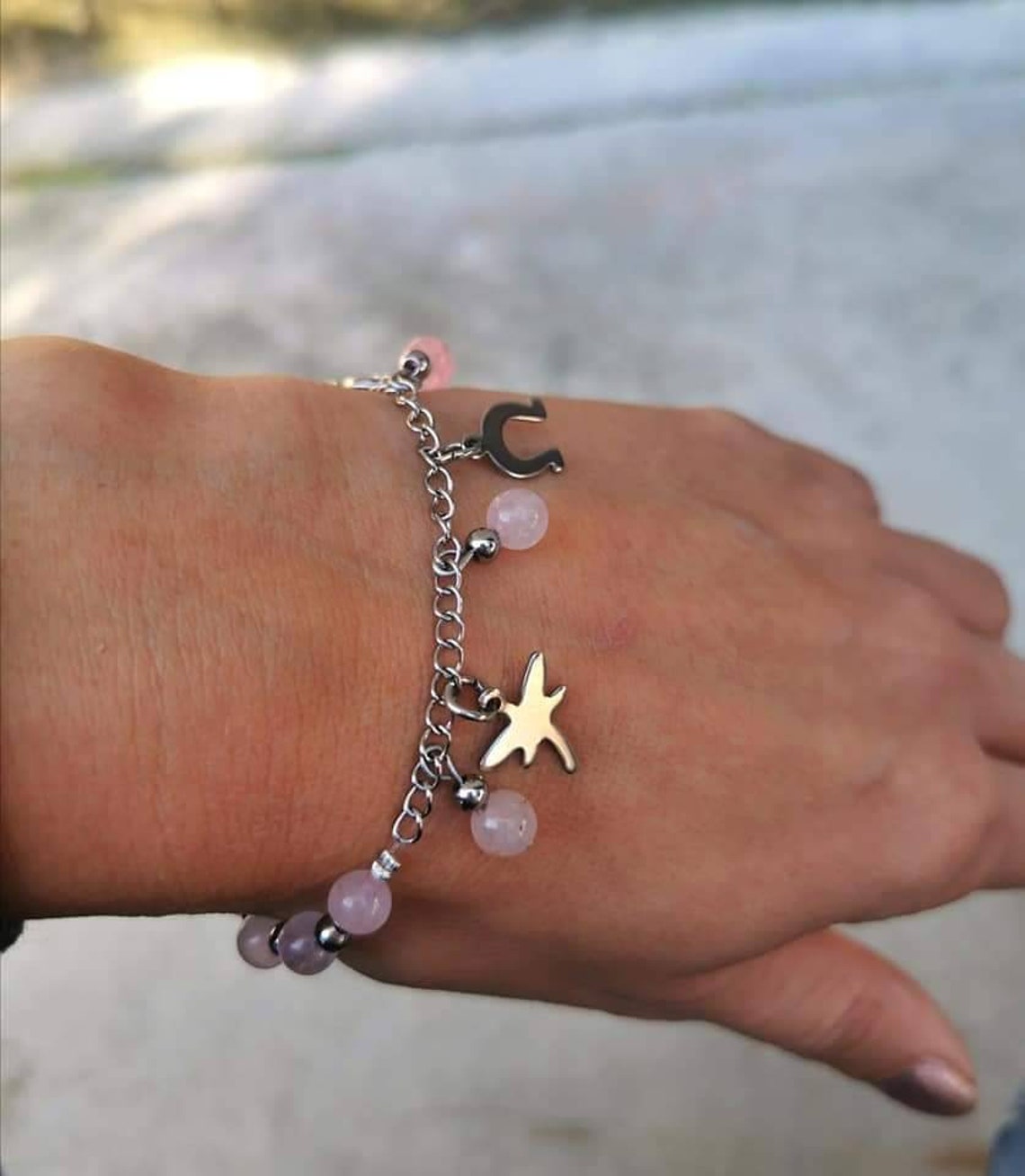 Rose quartz charm bracelet with Stainless Steel Etsy