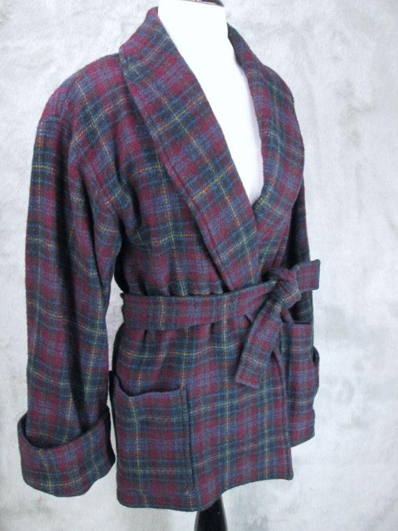 Vintage Womens Ralph Lauren Size M Wool Coat Belt Wrap Purple Plaid Shawl  Collar USA 