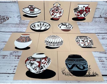 Tarjetas de felicitación antiguas de cerámica india estampadas a mano, arte indígena del suroeste de Pueblo