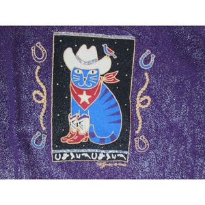 Maglietta grafica vintage con gatto cowboy Y2K, maglietta western scintillante, taglia L