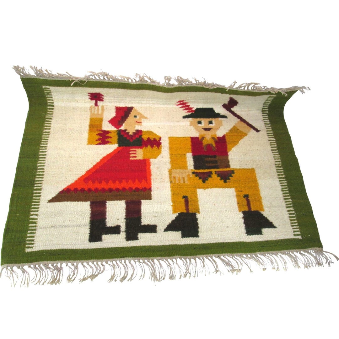 Vintage Polish Folk Art Tapestry Rug Man Woman Holding Tools Wool ...