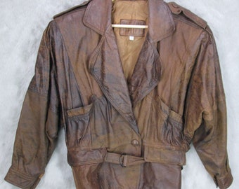 Vintage 90s Women Whipp Leather Jacket Size L Crop Belt Dolman Brown Distressed