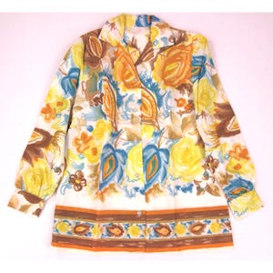 Vintage 60s 70s Women Watercolor Floral Button Down Shirt 10 Blouse Yellow Boho