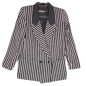 Vintage 80s 90s Womens Louis Feraud Black & White Striped Blazer Jacket Size 14 Double Breasted