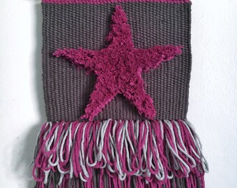 Starman - Estrella difusa rosa, colgante de pared tejida a mano, decoración de la habitación de las niñas, tapiz de estrellas, tapiz espacial