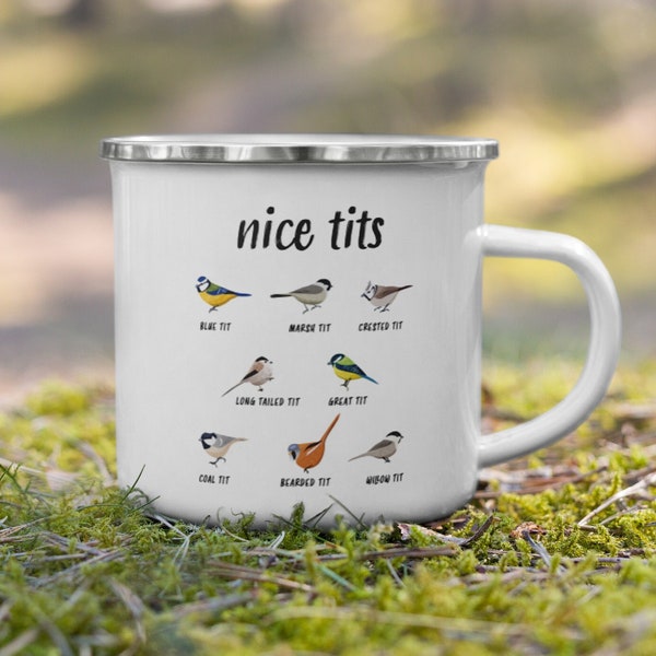 Nice tits funny bird watching Enamel Mug | Christmas Gift for Birder Men and Women