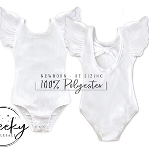 May include: White baby bodysuit with ruffled sleeves and a bow on the back. The bodysuit is made of 100% polyester and is available in newborn to 8T sizing.