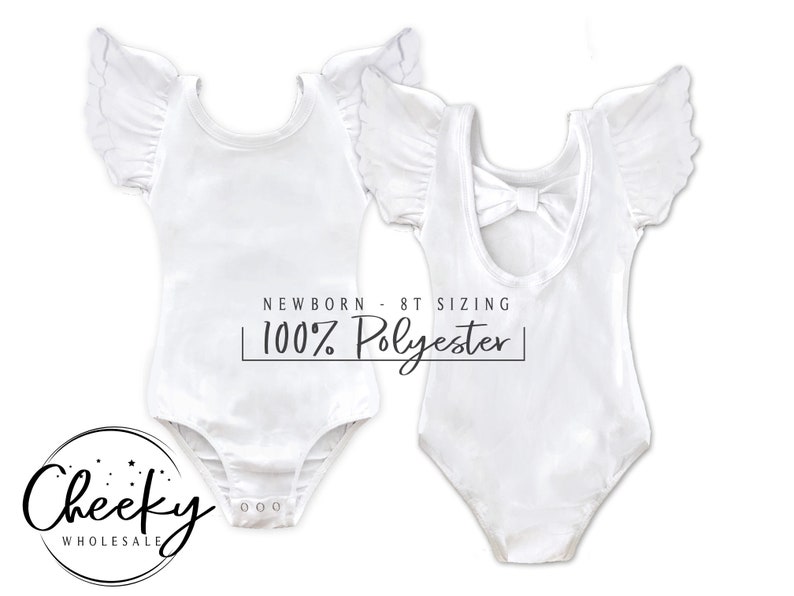 May include: White baby bodysuit with ruffled sleeves and a bow on the back. The bodysuit is made of 100% polyester and is available in newborn to 8T sizing.