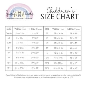 May include: A size chart for children's clothing, showing sizes from preemie to 14/16, with corresponding weight and height ranges in inches and pounds.