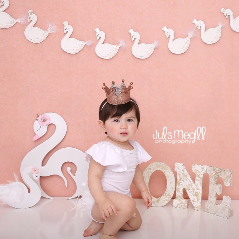 May include: A baby girl wearing a white onesie and a rose gold crown sits in front of a white wooden swan cutout. The background is a light pink wall with a white swan garland. The words "ONE" are in gold letters on the white surface.