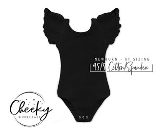 Blank Leotard Wholesale Black Leotard Blank Bodysuit Vinyl Blanks Bow Back Flutter Sleeve Leotard; 3 PIECE MINIMUM Per Size