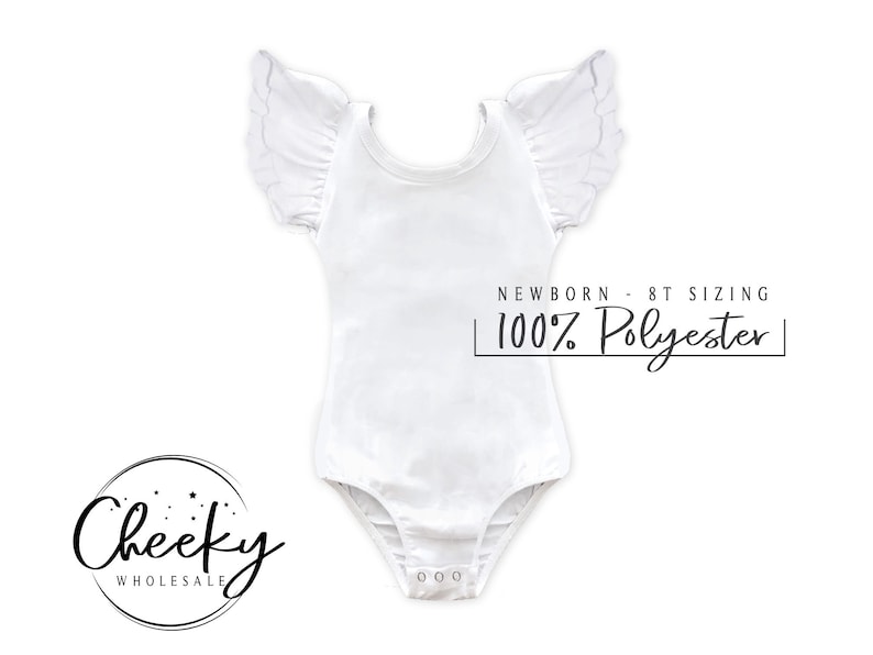 May include: White baby bodysuit with ruffled sleeves. The bodysuit is made of 100% polyester and is available in newborn to 8T sizing.