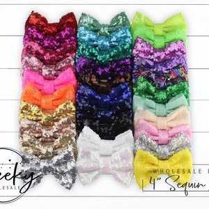 May include: Assortment of 14 4-inch sequin bows in various colors, including pink, green, gold, silver, and white.  WHOLESALE BOWS 4" SEQUIN BOWS text is visible in the image.