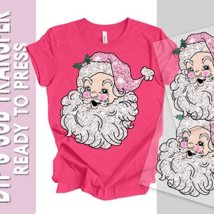Retro Sparkle Pink Santa DTF Transfer, Ready to Press Full Color Christmas Transfer, Fast Shipping