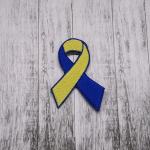 Iron-On Blue and Yellow Ribbon Patch/Down Syndrome/Awareness Support Ribbon Patch/Embroidered Applique for Clothing/Fundraiser Gift