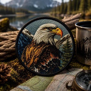 Puede incluir: Parche redondo bordado con un águila calva detallada con pico amarillo y plumas marrones y blancas. El parche tiene un borde negro y un fondo de montañas y árboles. Una brújula, un mapa y una taza de camping están en el fondo.
