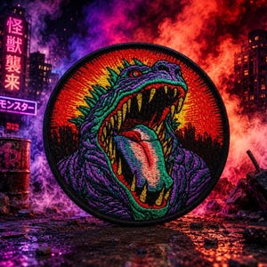May include: Circular embroidered patch depicting a monster with a gaping mouth, sharp teeth, and a long tongue. The monster is purple, green, and red, set against a fiery orange and red backdrop. Japanese text is visible in the background.