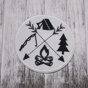 Camping Patch Embroidered Iron-on Applique for Jacket, Clothing, Backpack, Tote Bag, Vest, campfire tent badge, trail gear, fishing badge